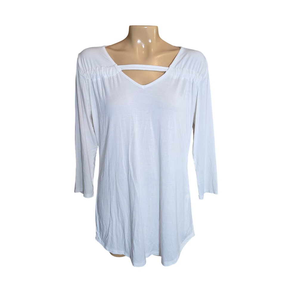 Zenergy by Chicos Womens Top White V-Neck 3/4 Sleeve‎ with Bar Detail Size 2 Lrg